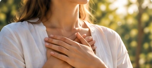Una mujer con la mano sobre el corazón en un entorno natural