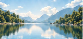 Lago en calma rodeado de montañas